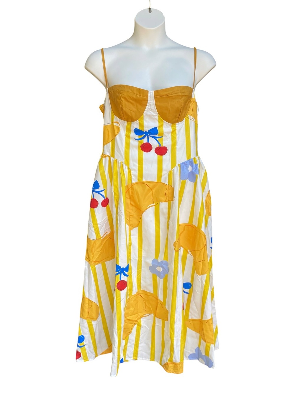 Nice To Meet You Yellow Croissant Cherry Print Midi Dress Womens Size XL New